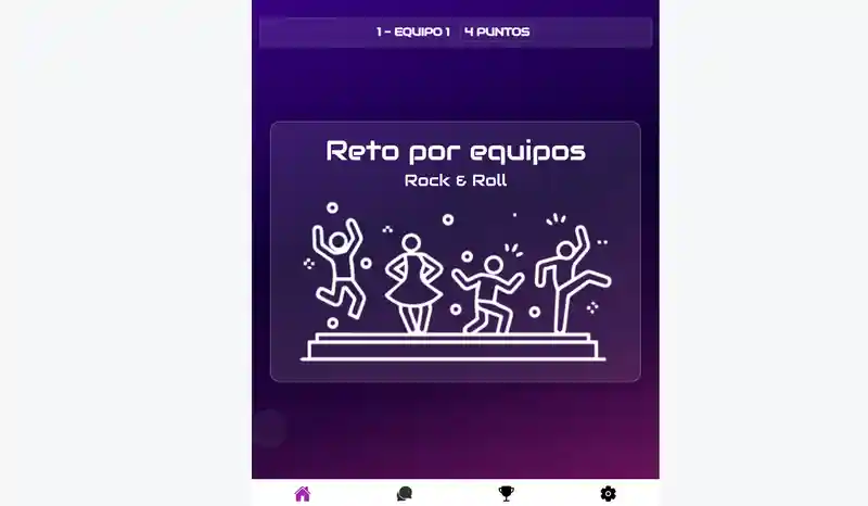 Pantalla de reto por equipos de Rock & Roll durante el bingo musical