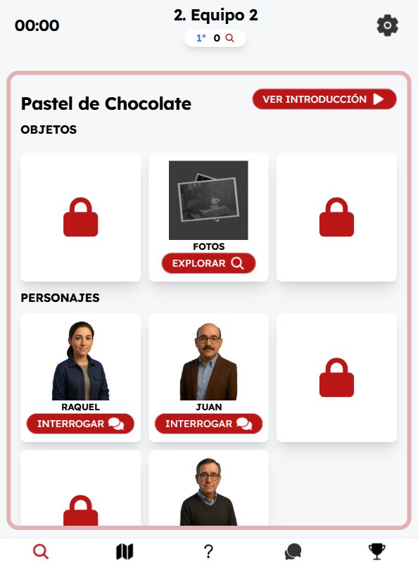Tablero del caso con objetos y sospechosos en Cluedo AI Virtual