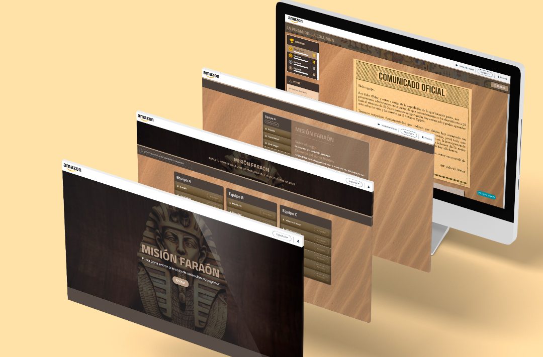 Pantallas de la plataforma de escape room online: acceso por equipos, comunicado del Game Master y ranking