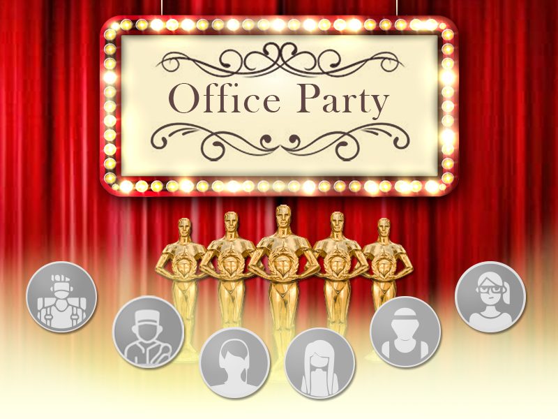 Escenario de premios de Fiesta en la Oficina con los personajes típicos de la empresa