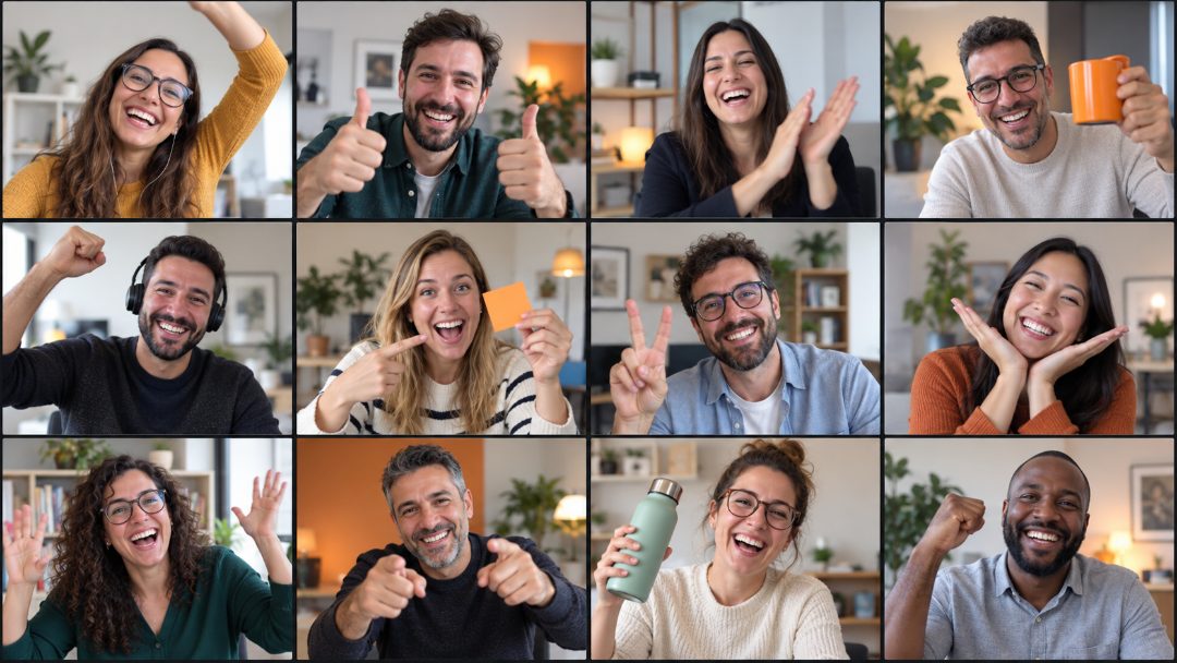 Participantes de una empresa celebrando y aplaudiendo en la videollamada de una actividad de team building online